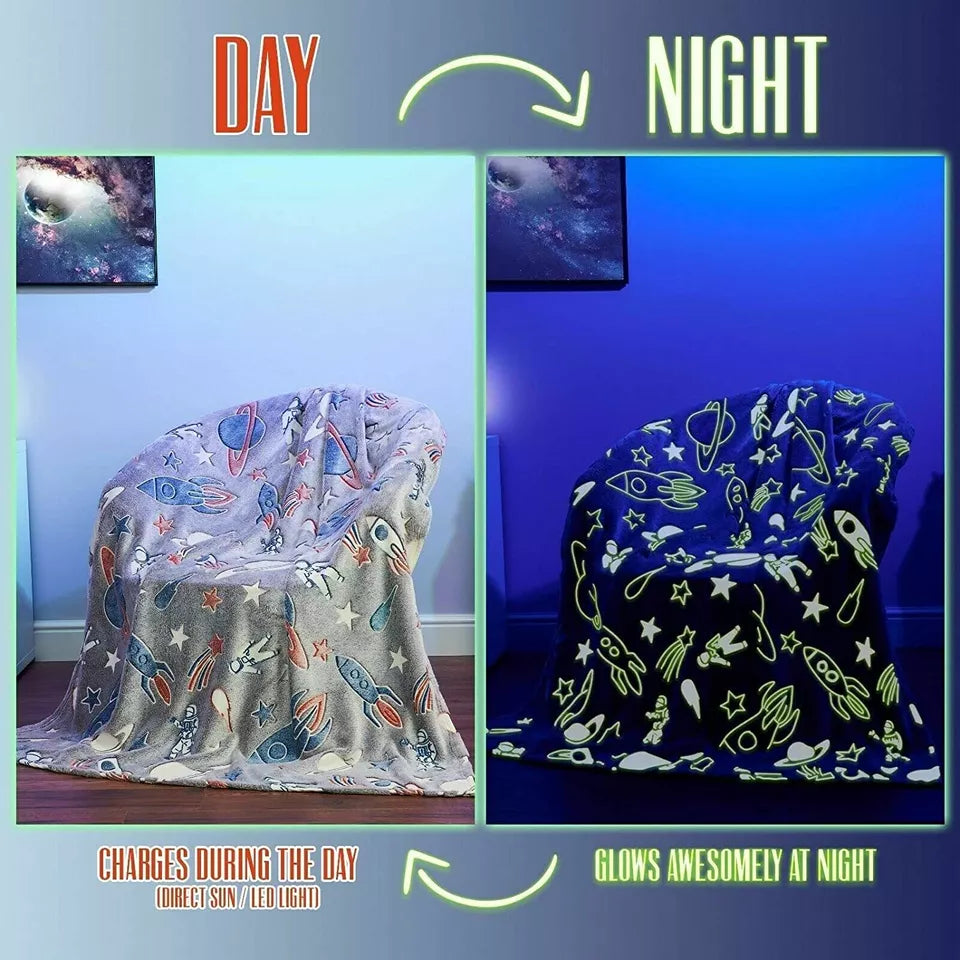 Glow In The Dark Throw Space Fleece Kids Fluffy Cosy Bedroom Spaceships Blanket