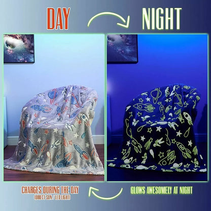 Glow In The Dark Throw Space Fleece Kids Fluffy Cosy Bedroom Spaceships Blanket
