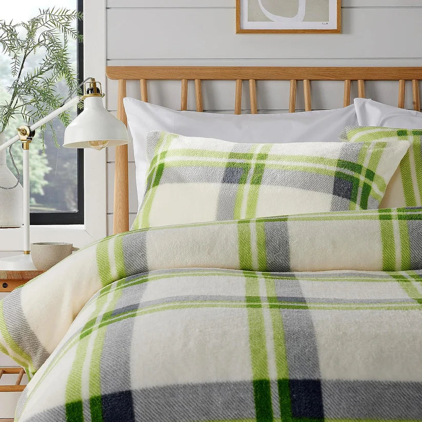 Orkney Check Fleece Duvet Set Grey Green Super Soft Bedding