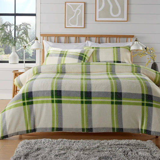 Orkney Check Fleece Duvet Set Grey Green Super Soft Bedding