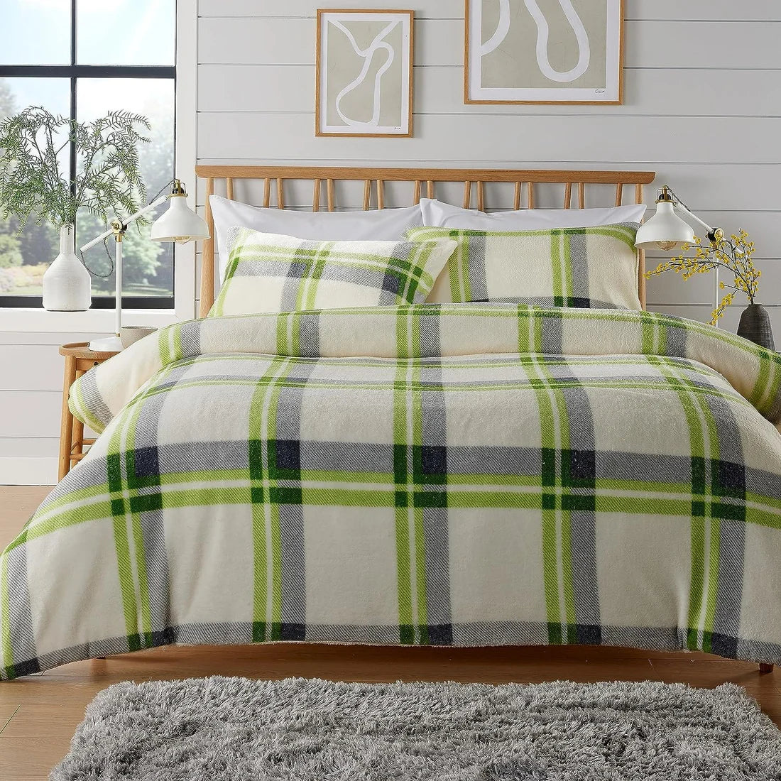 Orkney Check Fleece Duvet Set Grey Green Super Soft Bedding