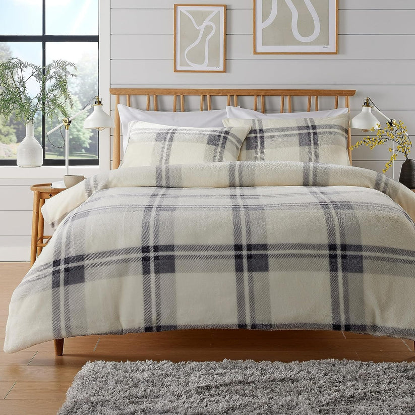 Orkney Check Fleece Duvet Set Grey Green Super Soft Bedding
