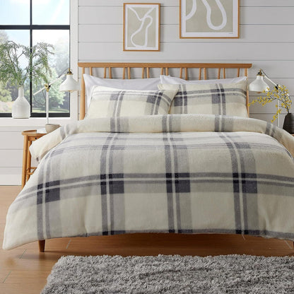 Orkney Check Fleece Duvet Set Grey Green Super Soft Bedding