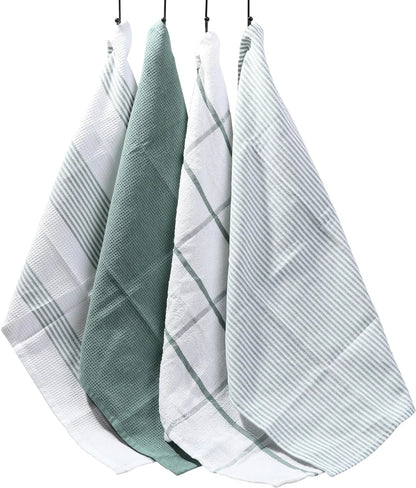 Pack of 4 Green Cotton Tea Towels for Drying Dishes and Cleaning Spills High Absorbency