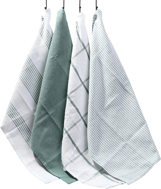 Pack of 4 Green Cotton Tea Towels for Drying Dishes and Cleaning Spills High Absorbency
