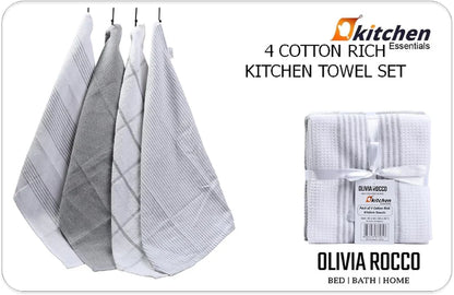 Pack of 4 Green Cotton Tea Towels for Drying Dishes and Cleaning Spills High Absorbency
