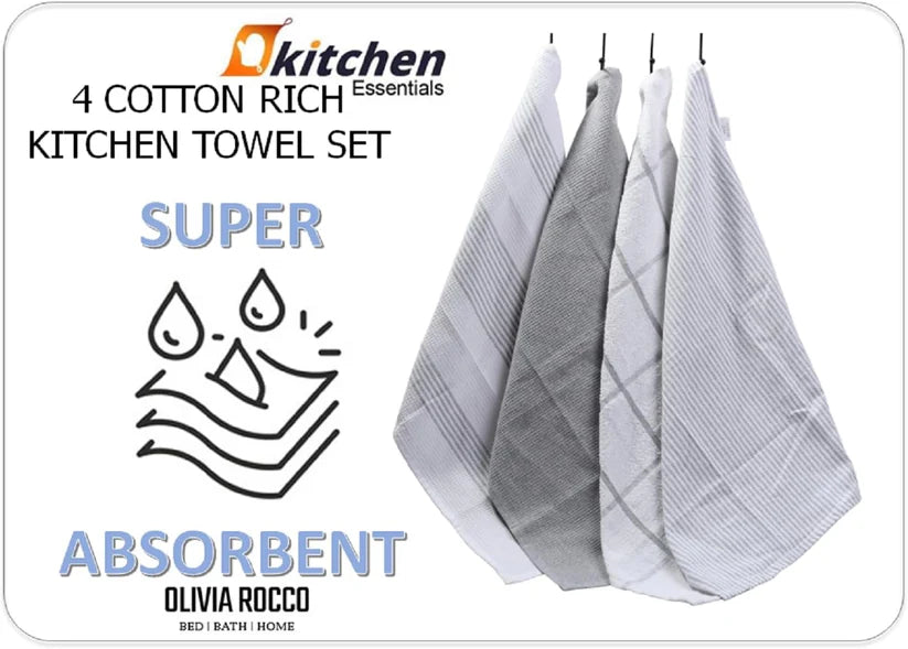 Pack of 4 Green Cotton Tea Towels for Drying Dishes and Cleaning Spills High Absorbency