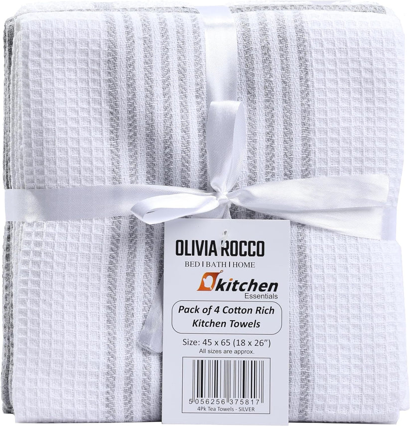 Pack of 4 Green Cotton Tea Towels for Drying Dishes and Cleaning Spills High Absorbency