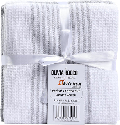 Pack of 4 Green Cotton Tea Towels for Drying Dishes and Cleaning Spills High Absorbency