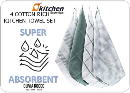 Pack of 4 Green Cotton Tea Towels for Drying Dishes and Cleaning Spills High Absorbency