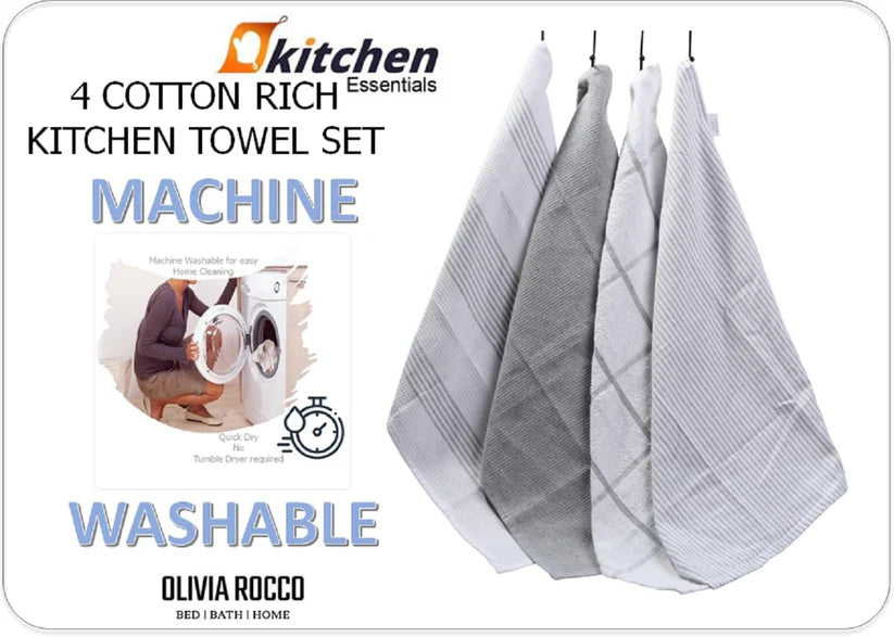 Pack of 4 Green Cotton Tea Towels for Drying Dishes and Cleaning Spills High Absorbency