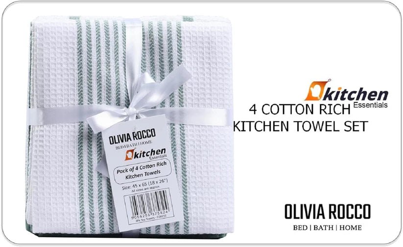 Pack of 4 Green Cotton Tea Towels for Drying Dishes and Cleaning Spills High Absorbency
