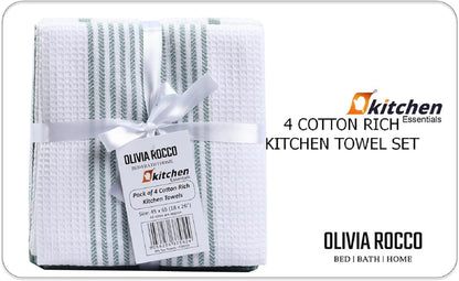 Pack of 4 Green Cotton Tea Towels for Drying Dishes and Cleaning Spills High Absorbency