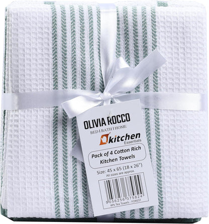 Pack of 4 Green Cotton Tea Towels for Drying Dishes and Cleaning Spills High Absorbency