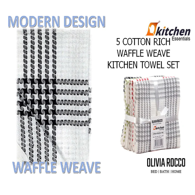 Pack of 5 Super Absorbent Quick Drying Houndstooth Cotton Tea Towels for Kitchen Durable Decorative Dish Towels 45cm x 65cm