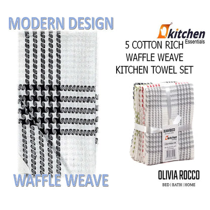 Pack of 5 Super Absorbent Quick Drying Houndstooth Cotton Tea Towels for Kitchen Durable Decorative Dish Towels 45cm x 65cm