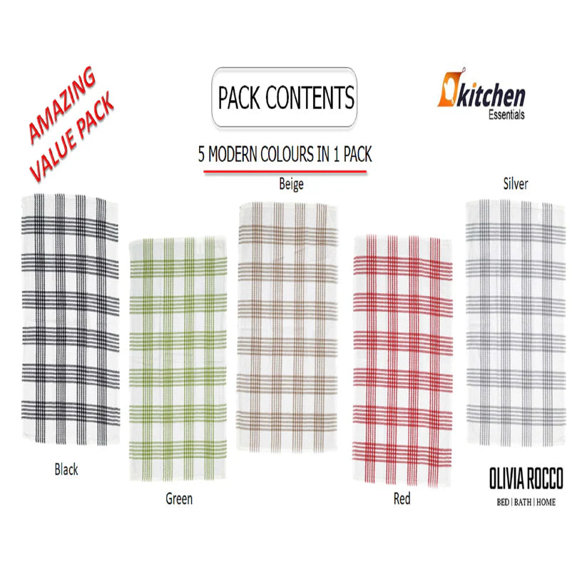 Pack of 5 Super Absorbent Quick Drying Houndstooth Cotton Tea Towels for Kitchen Durable Decorative Dish Towels 45cm x 65cm