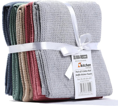 Pack of 5 Ultra Absorbent Waffle Kitchen Tea Towels High-Quality Soft Cotton Assorted Colours