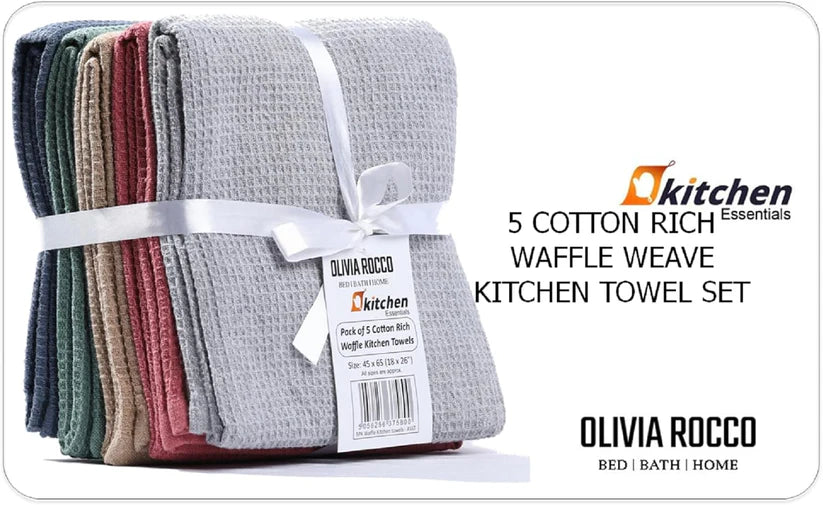 Pack of 5 Ultra Absorbent Waffle Kitchen Tea Towels High-Quality Soft Cotton Assorted Colours