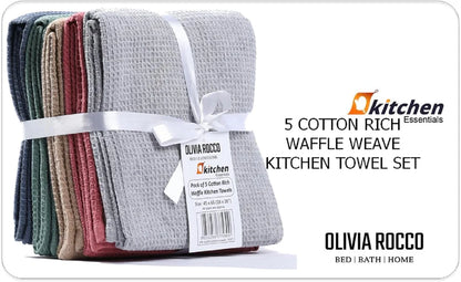 Pack of 5 Ultra Absorbent Waffle Kitchen Tea Towels High-Quality Soft Cotton Assorted Colours