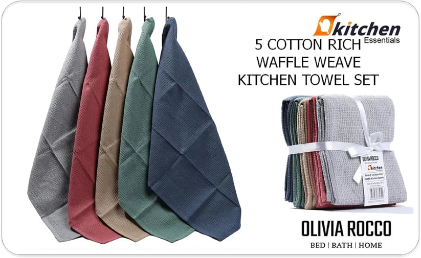 Pack of 5 Ultra Absorbent Waffle Kitchen Tea Towels High-Quality Soft Cotton Assorted Colours