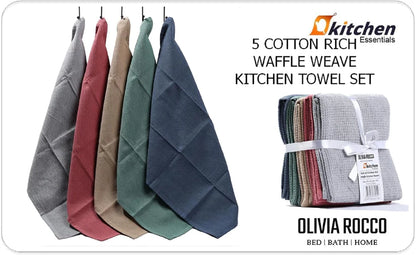 Pack of 5 Ultra Absorbent Waffle Kitchen Tea Towels High-Quality Soft Cotton Assorted Colours