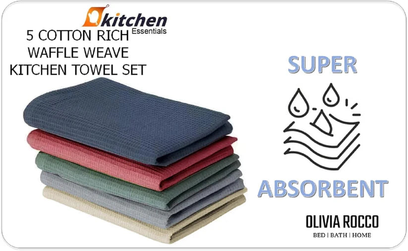 Pack of 5 Ultra Absorbent Waffle Kitchen Tea Towels High-Quality Soft Cotton Assorted Colours