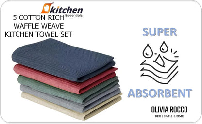 Pack of 5 Ultra Absorbent Waffle Kitchen Tea Towels High-Quality Soft Cotton Assorted Colours
