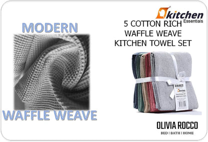Pack of 5 Ultra Absorbent Waffle Kitchen Tea Towels High-Quality Soft Cotton Assorted Colours