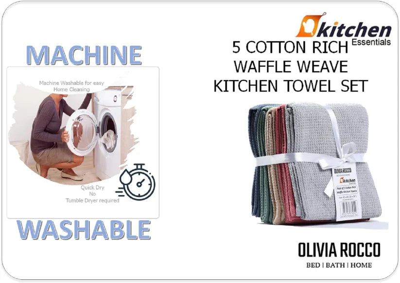 Pack of 5 Ultra Absorbent Waffle Kitchen Tea Towels High-Quality Soft Cotton Assorted Colours