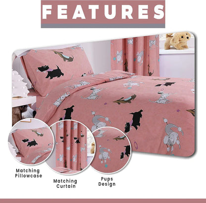 Pink Dog Print Duvet Cover Set with Matching Curtains Cosy Cotton Blend Bedding