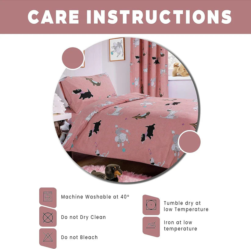 Pink Dog Print Duvet Cover Set with Matching Curtains Cosy Cotton Blend Bedding