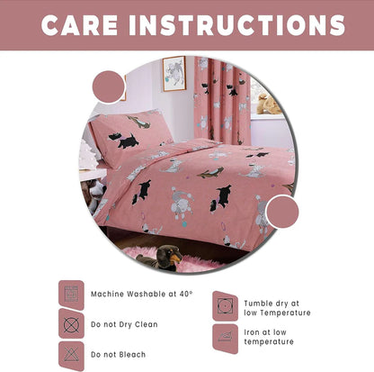 Pink Dog Print Duvet Cover Set with Matching Curtains Cosy Cotton Blend Bedding