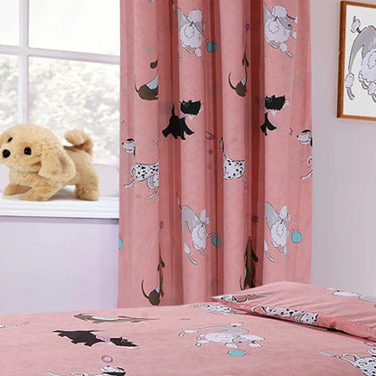 Pink Dog Print Duvet Cover Set with Matching Curtains Cosy Cotton Blend Bedding