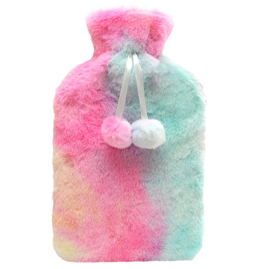 Rainbow Tie Dye Faux Fur Hot Water Bottle with Pom Poms 2L Plush Teddy Fleece Cover for Pain Relief and Warmth Ideal for Neck and Shoulder