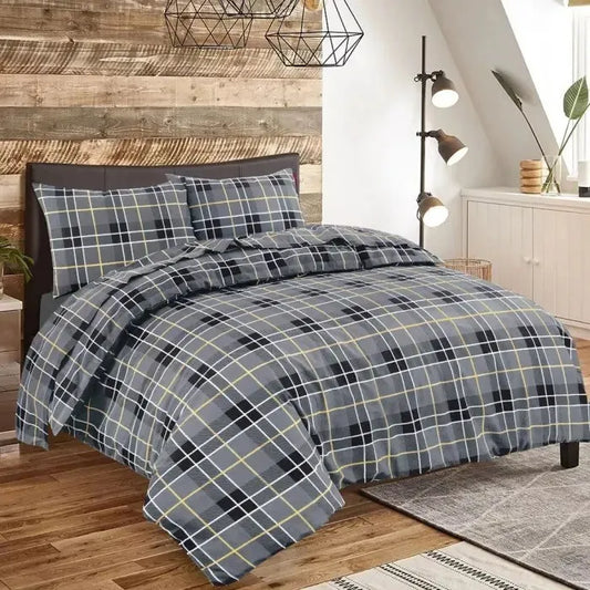 Reversible Tartan Duvet Quilt Cover Bedding Set Single Check Grey W/ Pillowcase