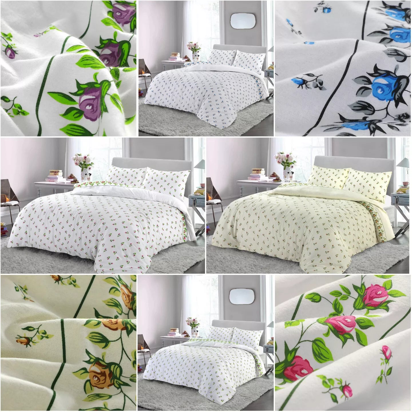 Rosebud Flannelette Soft Cosy Duvet Cover Set 4 Colours