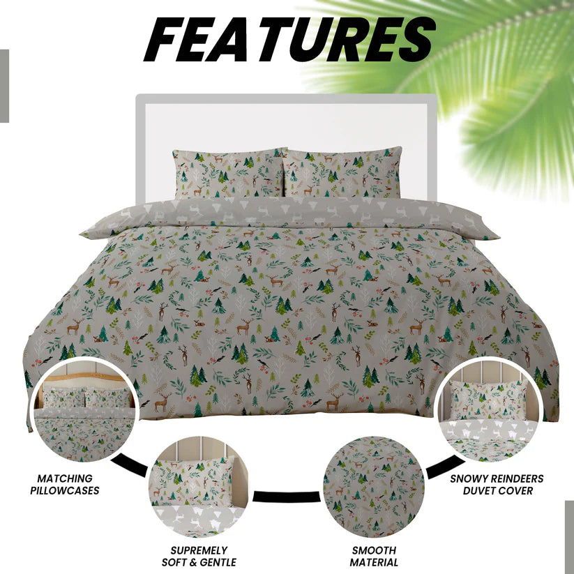 Snowy Reindeers Reversible Duvet Cover Set with Pillowcases