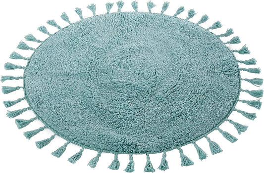 Super Soft Absorbent Non-Slip Round Tasselled Bath Mat 100% Cotton Bathroom Rug in Duck Egg Grey Natural and White