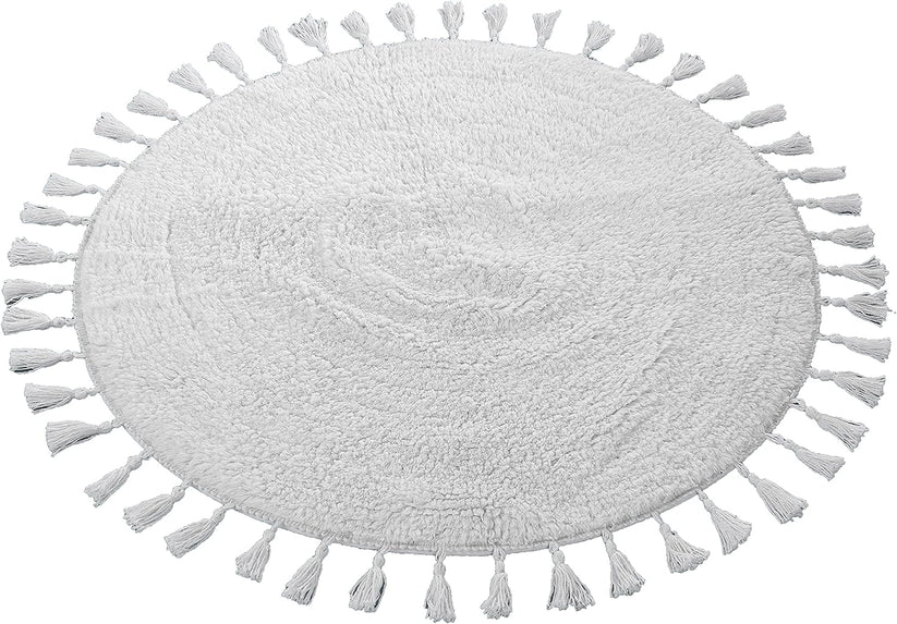 Super Soft Absorbent Non-Slip Round Tasselled Bath Mat 100% Cotton Bathroom Rug in Duck Egg Grey Natural and White