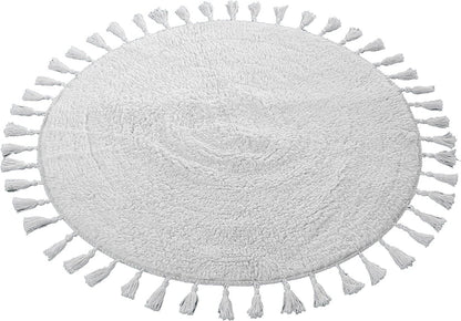 Super Soft Absorbent Non-Slip Round Tasselled Bath Mat 100% Cotton Bathroom Rug in Duck Egg Grey Natural and White