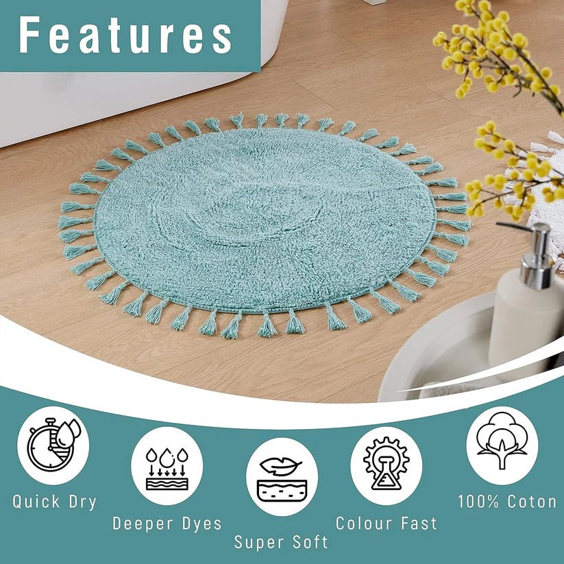 Super Soft Absorbent Non-Slip Round Tasselled Bath Mat 100% Cotton Bathroom Rug in Duck Egg Grey Natural and White