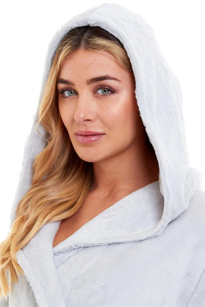 Super Soft Women's Faux Fur Hooded Bathrobe Plush Dressing Gown