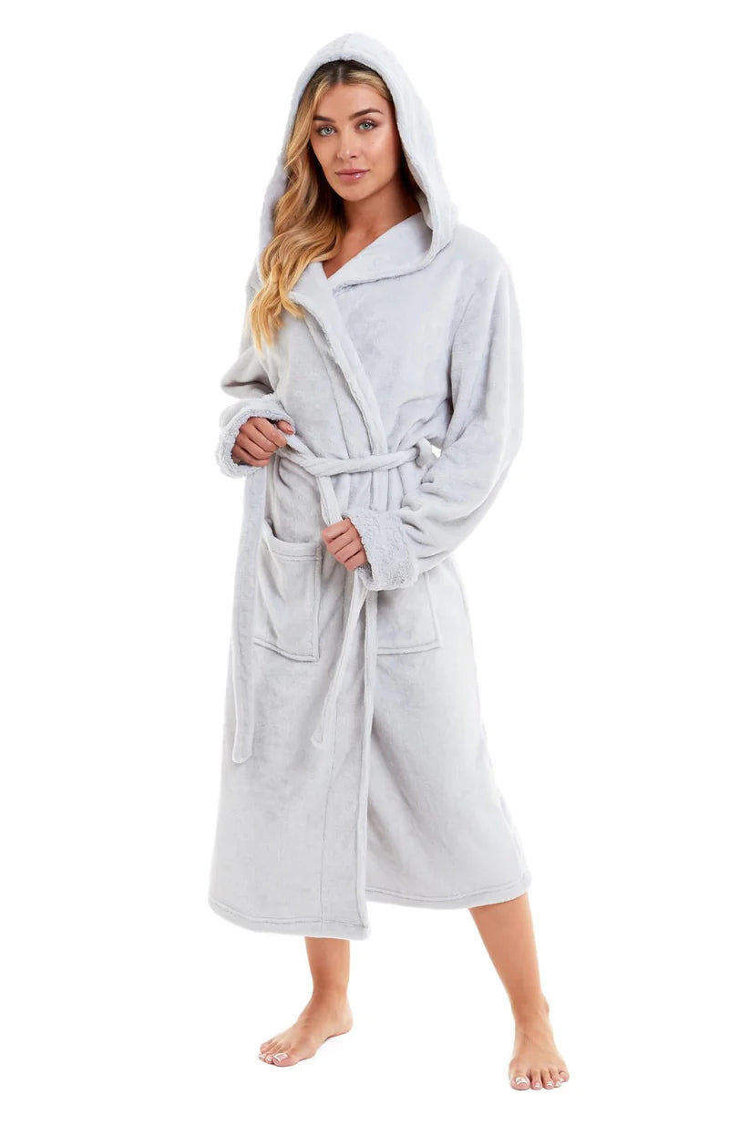 Super Soft Women's Faux Fur Hooded Bathrobe Plush Dressing Gown