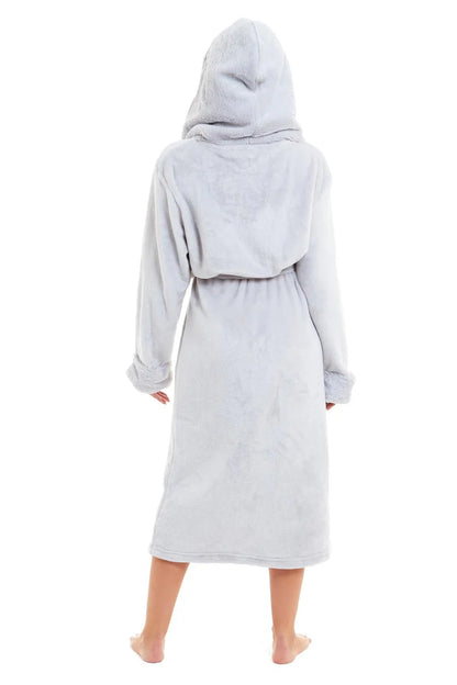 Super Soft Women's Faux Fur Hooded Bathrobe Plush Dressing Gown
