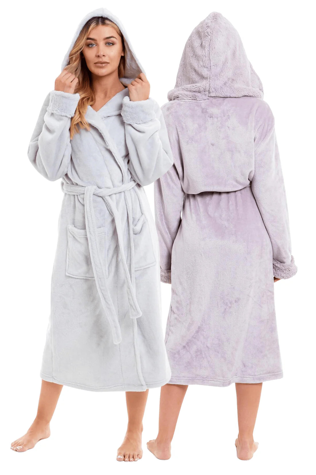 Super Soft Women's Faux Fur Hooded Bathrobe Plush Dressing Gown