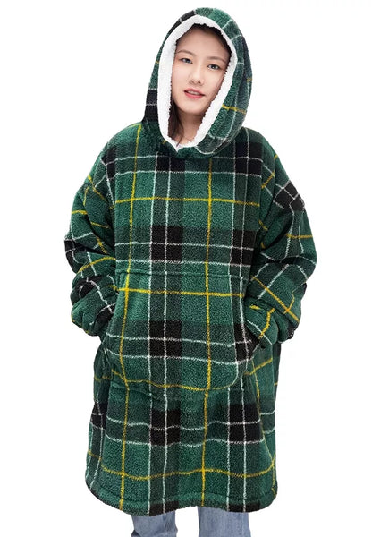 Oversized Tartan Check Hoodie Blanket – Wearable Teddy Fleece Hooded Blanket
