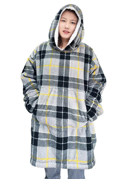 Oversized Tartan Check Hoodie Blanket – Wearable Teddy Fleece Hooded Blanket