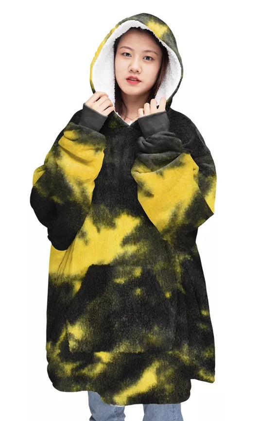 Teddy Oversized Blanket Tie Dye Black & Yellow Blanket Plush Sherpa Fur Fleece