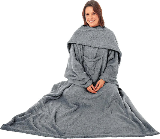 Ultra Soft Cosy Fleece Wearable TV Blanket with Sleeves and Pocket